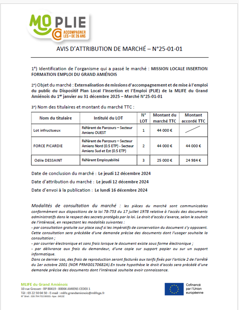 marché PLIE 1 avis attribution 